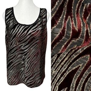 Vintage Heather Nicole Wine Red Velvet Burnout Metallic Striped Sheer Tank XL